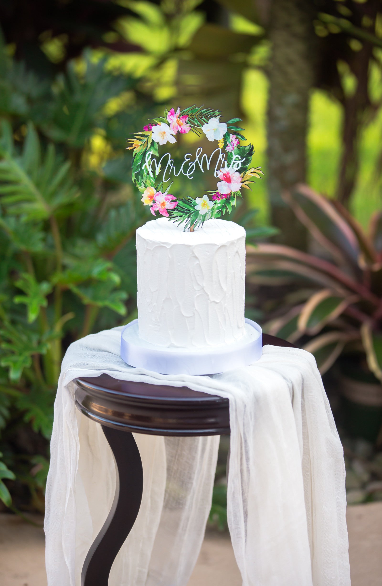 Tropical Wedding Cake Topper Floral Wreath Mr & Mrs Colorful Wooden Cake Decoration Wedding deals Decor Beach Destination Wedding (Item - TRM840)